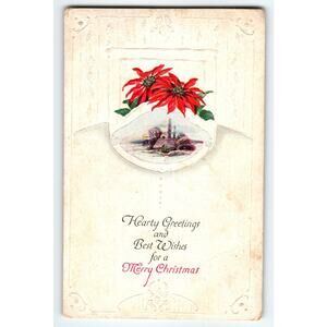 Vintage Embossed Christmas Postcard with Poinsettias & Winter Scene